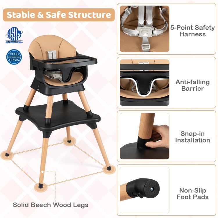 9-in-1 convertible high chair with solid beech wood legs, 5-point harness, and adjustable tray for babies and toddlers.