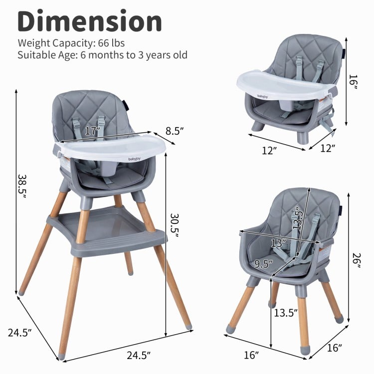 9-in-1 convertible high chair in gray with solid wood legs, adjustable tray, and safety harness for babies and toddlers.