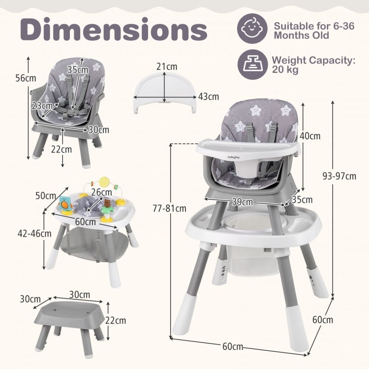Dimensions of the 16-in-1 Baby High Chair in grey, featuring adjustable height, activity center, and booster seat.