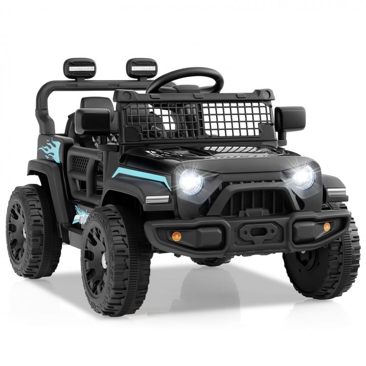 Battery-powered black kids' ride-on truck with LED headlights, remote control, and spring suspension for smooth driving.