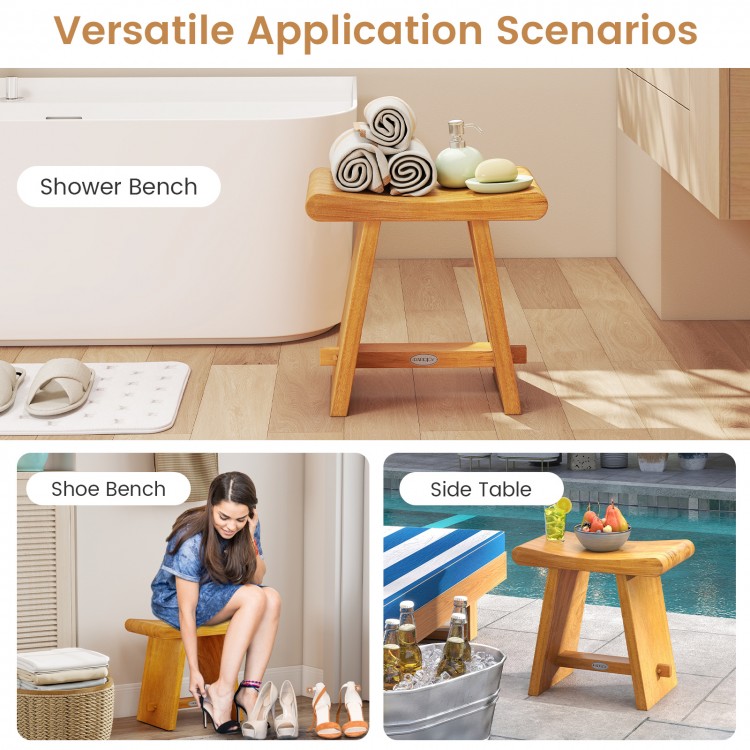 Teak shower bench with curved seat, water-resistant finish, ideal for shaving legs or as a shoe bench in compact spaces.