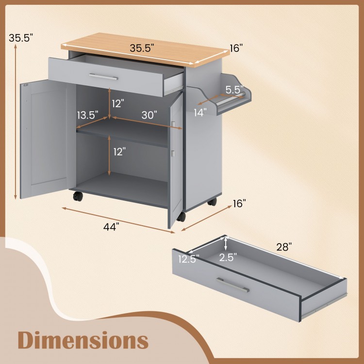 Rolling kitchen island cart in gray with spacious countertop, large drawer, and adjustable shelf for organized storage.