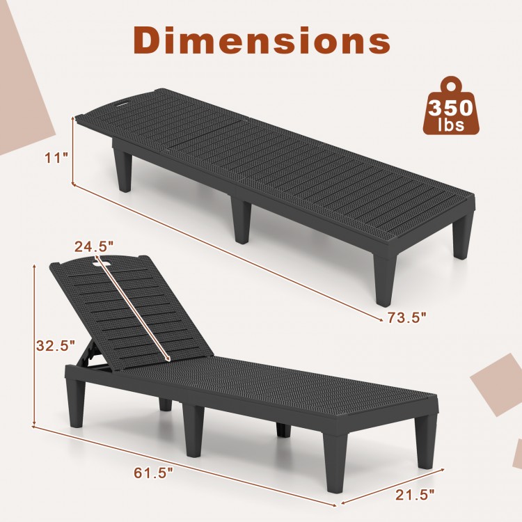 Dimensions of black outdoor PP chaise lounge chair set showing adjustable backrests, supporting up to 350 lbs for.