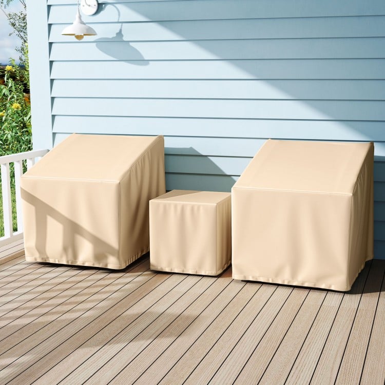 Beige waterproof patio furniture covers for a 3-piece bistro set, featuring elastic hem for a secure fit.