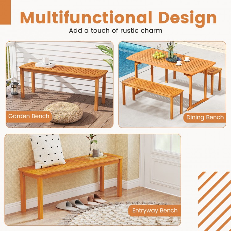 Acacia wood outdoor bench with slatted seat, perfect for garden, dining, or entryway use, comfortably seats 2 people.