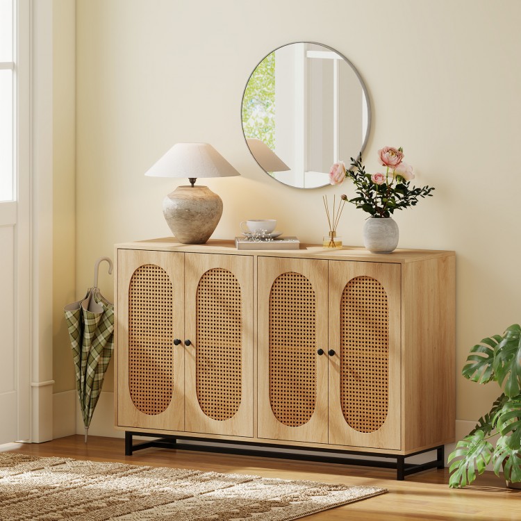 Buffet sideboard cabinet showcasing natural wood finish, rattan doors, and elegant styling as a console table in a.