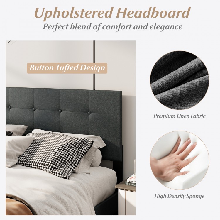 Upholstered headboard in dark gray with button tufted design, made from premium linen fabric for queen size bed frame.
