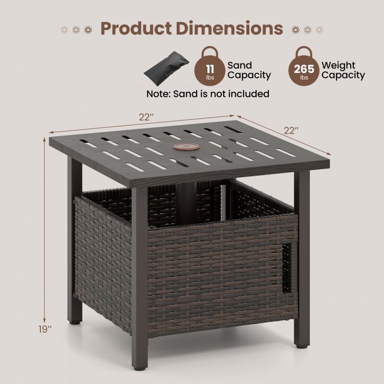 Square outdoor side table in brown with 1.93" umbrella hole, made of weather-resistant PE wicker for patio use.