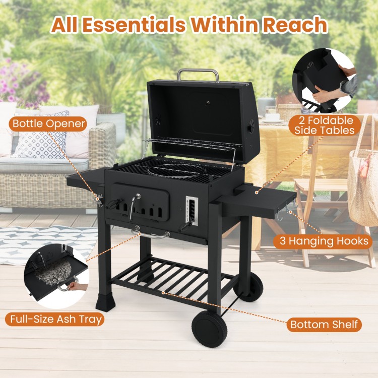 24-inch barrel charcoal grill with 2 folding side tables, 544 sq.in cooking area, and built-in thermometer for outdoor.