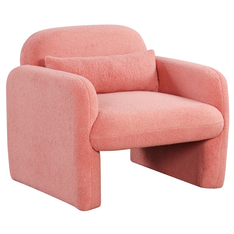 Pink velvet accent chair with armrests and waist pillow, perfect for adding charm to any modern bedroom decor.