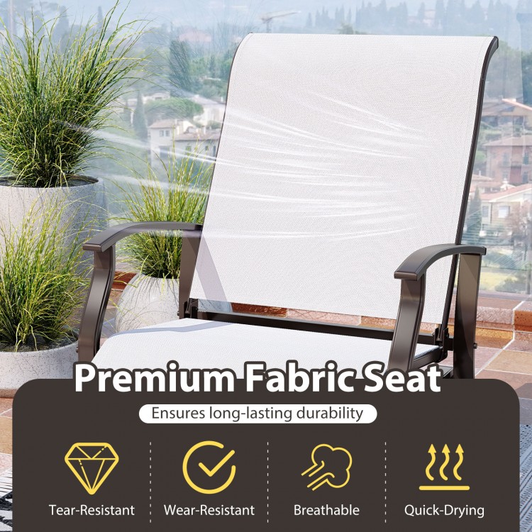 Outdoor glider chair with beige premium fabric seat and ergonomic backrest, perfect for poolside or patio relaxation.