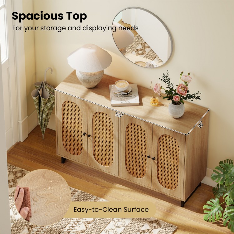 50-inch buffet sideboard cabinet with 4 rattan doors, spacious top, and easy-to-clean surface for versatile storage.