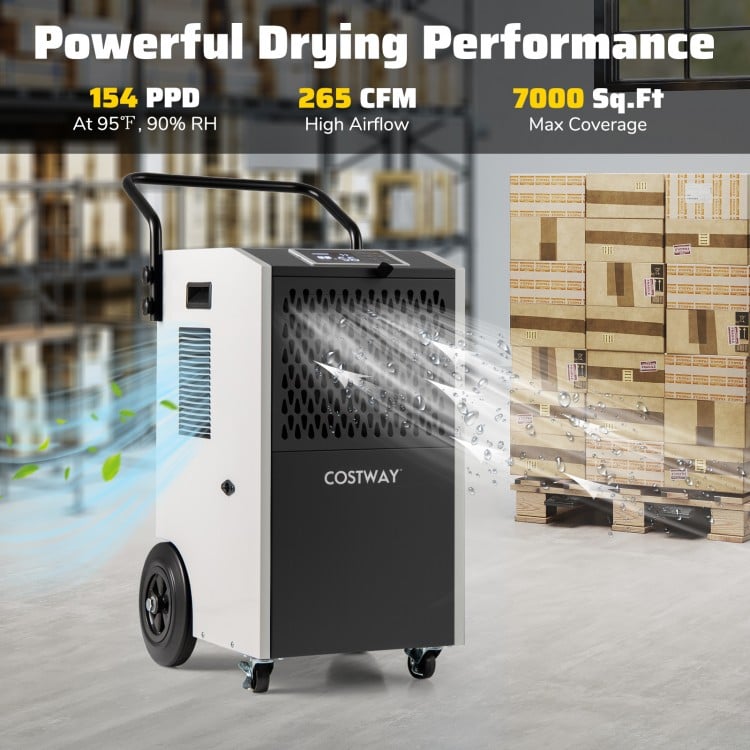 154 Pints commercial dehumidifier with pump, 265 CFM airflow, ideal for spaces up to 7000 sq.ft, featuring wheels for.
