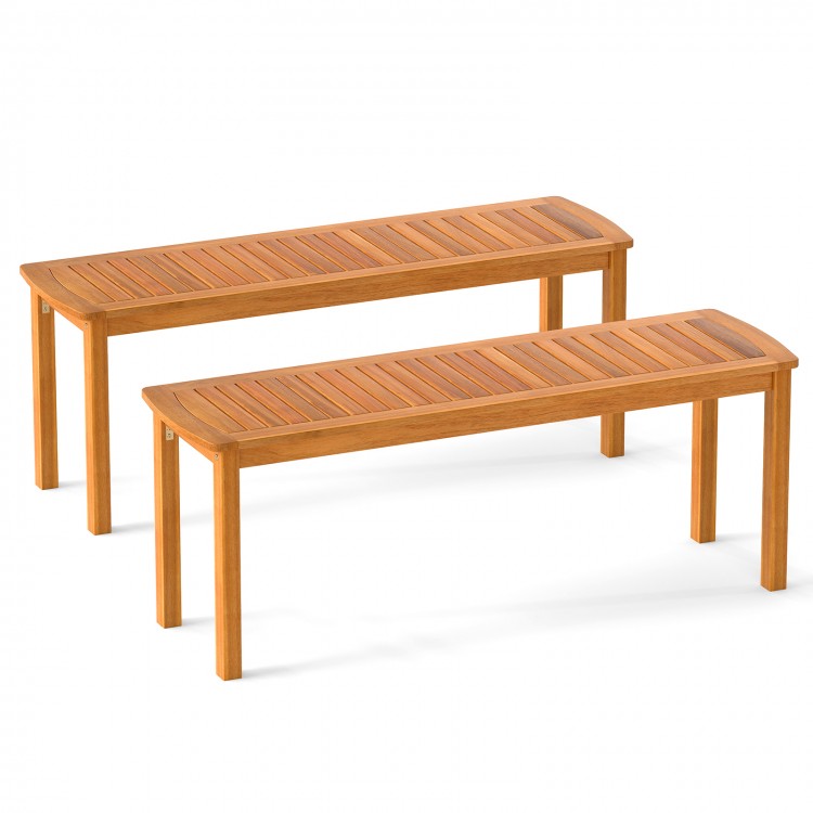 Acacia wood outdoor benches with slatted seats, designed for garden use, providing comfortable seating for two people.