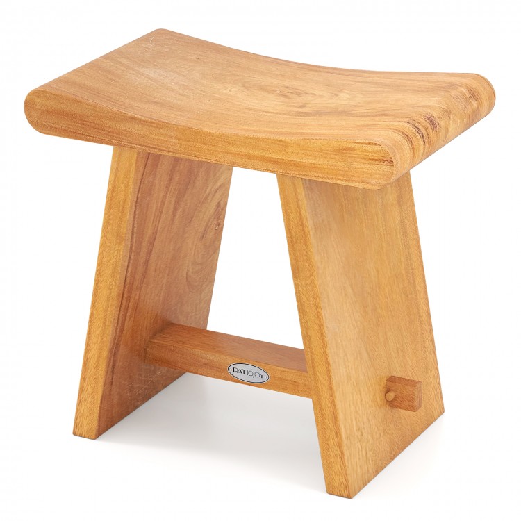 Curved teak shower bench with solid construction, smooth edges, and water-resistant finish for comfort and durability.