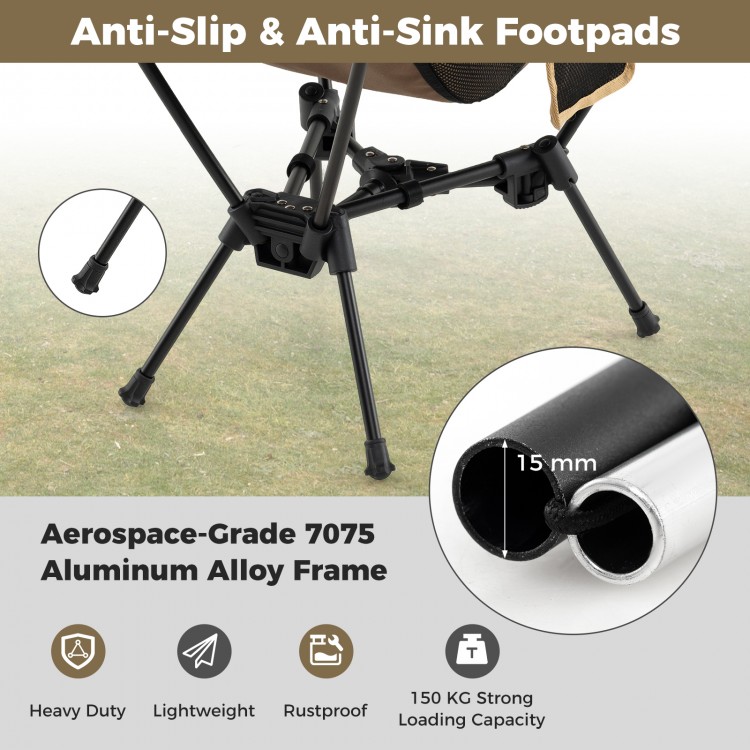 Portable camping chair showcasing heavy-duty aerospace-grade 7075 aluminum alloy frame with anti-slip footpads for.