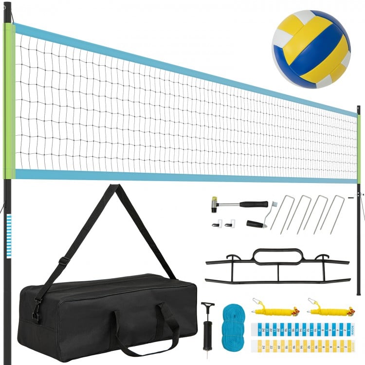 Portable outdoor volleyball net set with adjustable poles, carrying bag, and accessories for easy setup and transport.