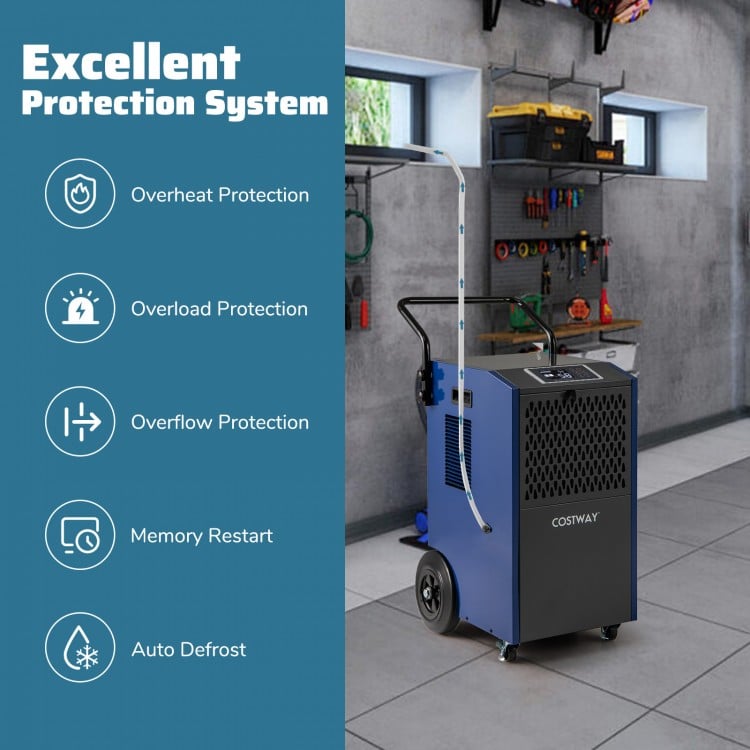 154 Pints commercial dehumidifier with pump, showcasing excellent protection features in a garage setting.