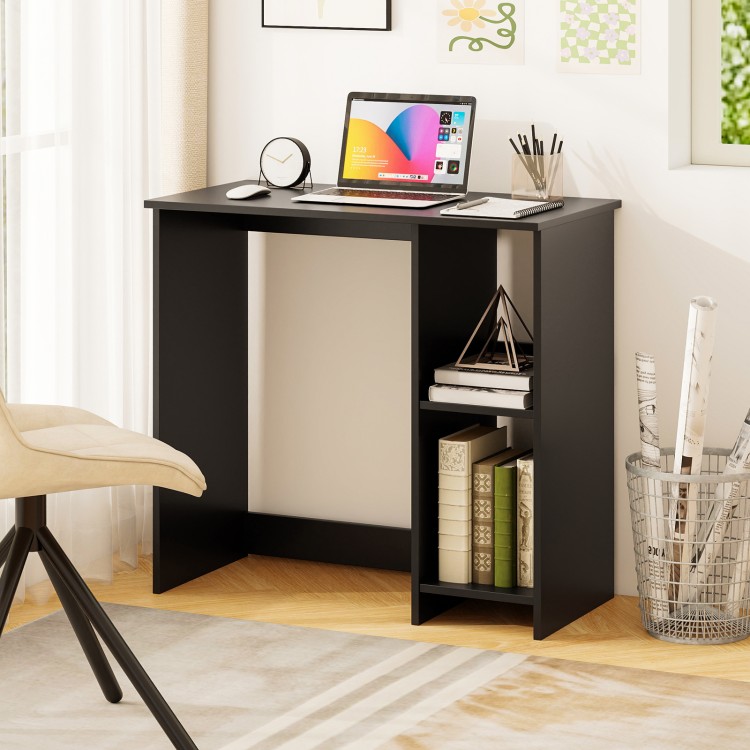 Modern black home office desk with 2 compartments, featuring sturdy design and compact size for versatile use.