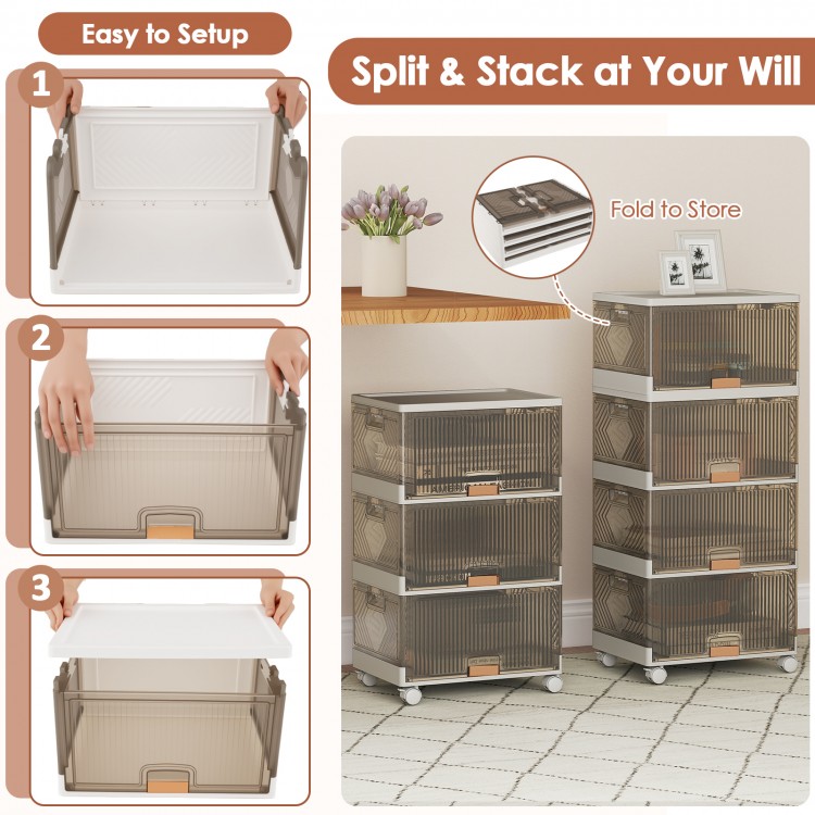 4-cube stackable storage bins with detachable wheels, featuring a modular design and easy access for versatile.