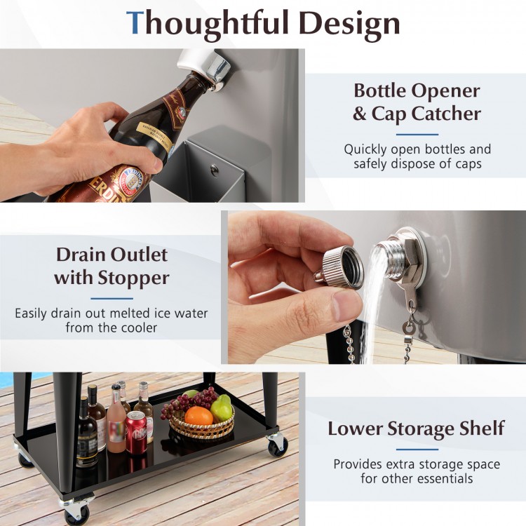 Portable patio cooler in gray with bottle opener, drain outlet, and bottom storage shelf for easy beverage access.