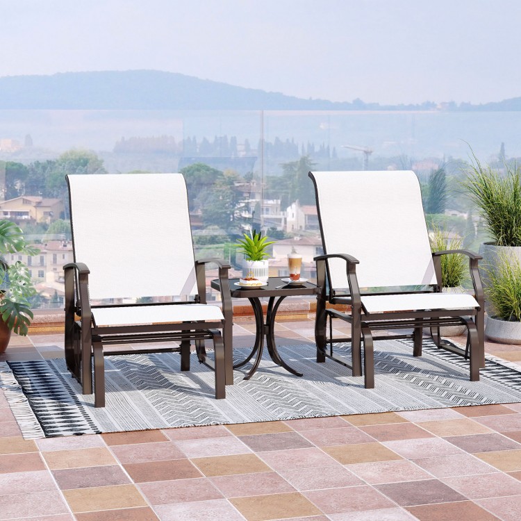 Set of 2 outdoor glider chairs with ergonomic backrest in beige, perfect for patio relaxation and comfort.