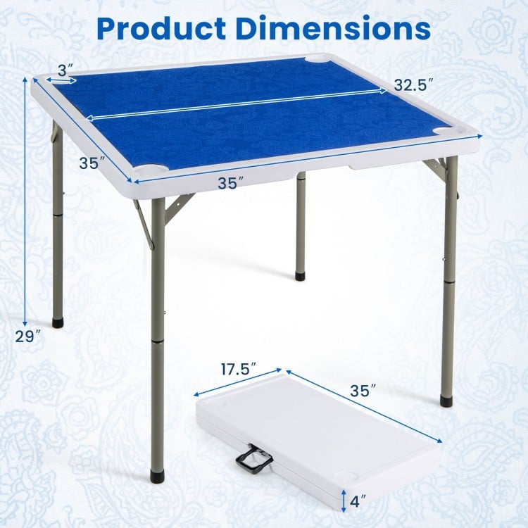 Folding 35-inch mahjong table with navy felt surface, cup holders, and dimensions for four-player gameplay.