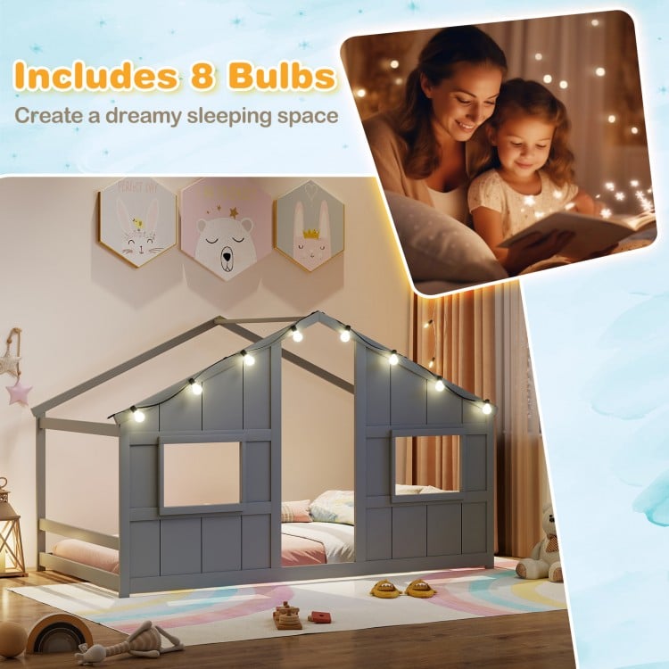 Twin size house bed in grey with 8 LED bulbs, featuring a solid wood frame and open windows for a cozy play and sleep.