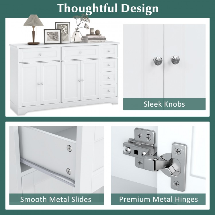 Buffet sideboard with sleek knobs, premium metal hinges, and smooth slides, featuring spacious countertop and ample.