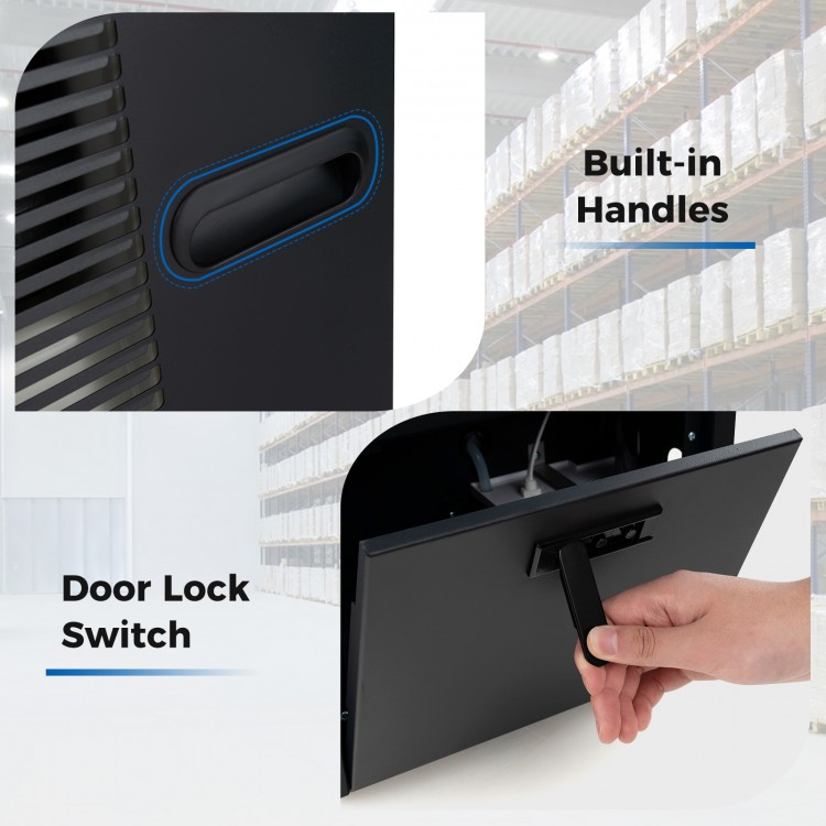 Close-up of the door lock switch and built-in handles on the 163 PPD commercial dehumidifier for secure operation.