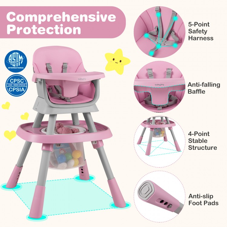 16-in-1 baby high chair in pink with adjustable height, 5-point harness, and activity center for versatile use.