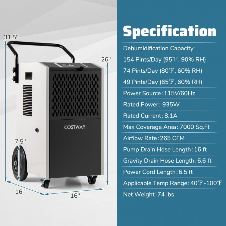 154 Pints commercial dehumidifier with pump, 265 CFM airflow, designed for large spaces up to 7000 sq.ft.