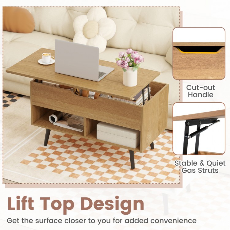 Lift-top coffee table with cut-out handle and gas struts, designed for easy access to hidden storage and open shelving.