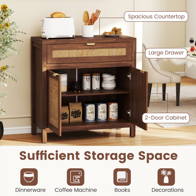 Sideboard storage cabinet with rattan doors, large drawer, and double-door cabinet for organized kitchen essentials.