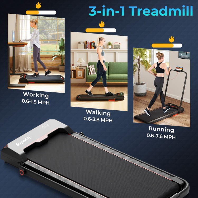 3-in-1 folding treadmill showing walking mode with LED display, ideal for home fitness and relaxation.