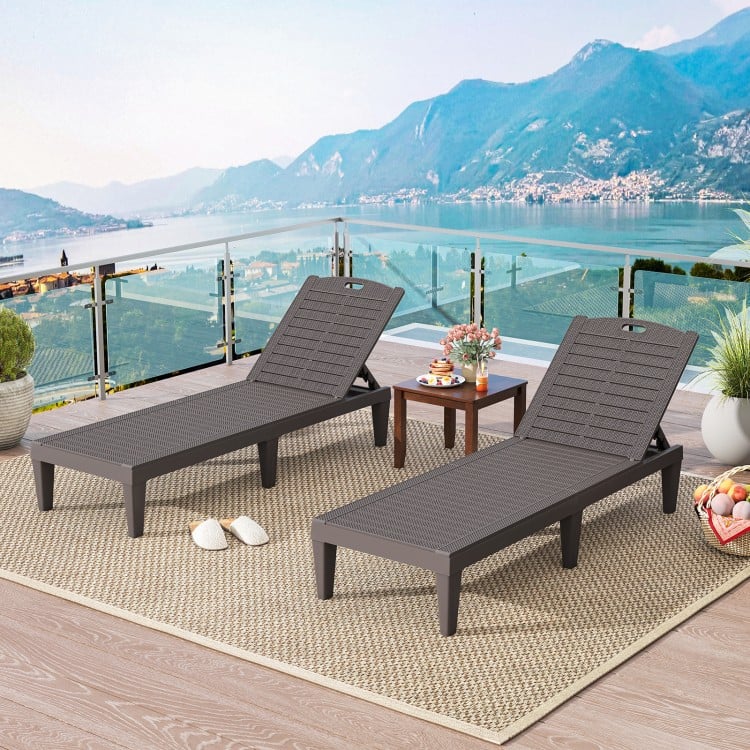 Set of 2 outdoor PP chaise lounge chairs in coffee color with adjustable backrests, perfect for poolside relaxation.