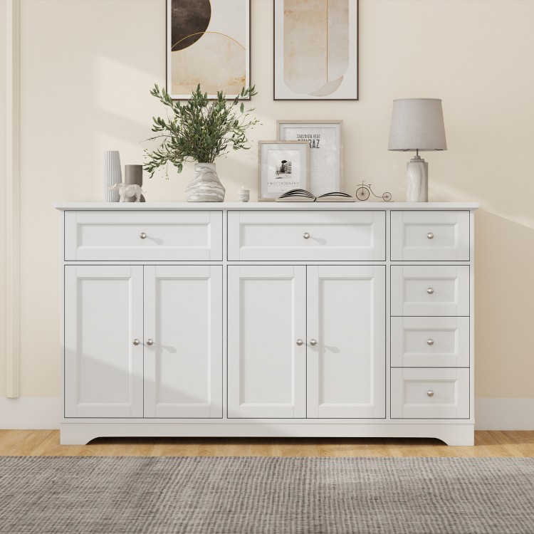 White buffet sideboard showing 6 drawers and 2 cabinets with adjustable shelves for versatile storage solutions.