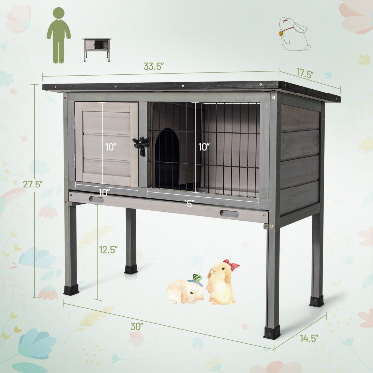Small elevated rabbit hutch with hinged asphalt roof, removable tray, and mesh window for air circulation and security.