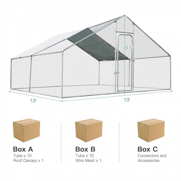 Walk-in chicken coop measuring 13 x 13 feet with waterproof cover, perfect for outdoor backyard protection.