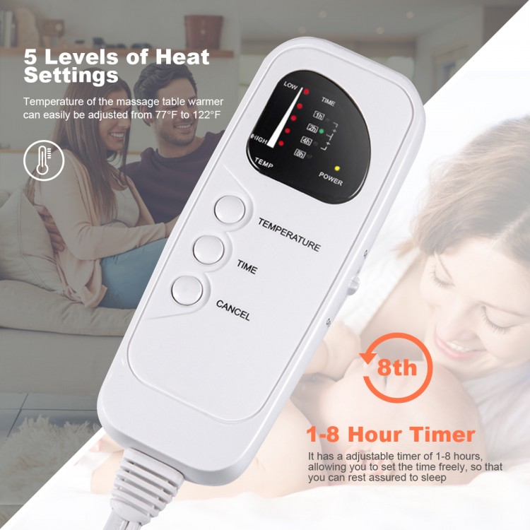 Digital auto overheat protection massage table warmer with 5 heat settings and 1-8 hour timer for safe use.