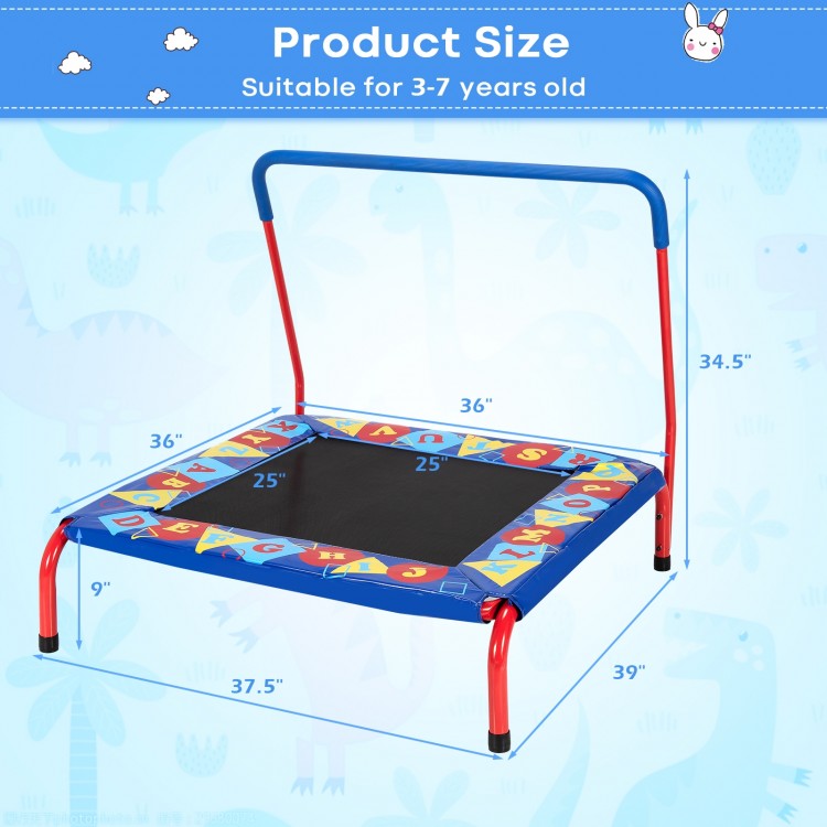 Kids indoor outdoor square trampoline with foamed handrail, 36" x 36", designed for safety and fun, suitable for ages.