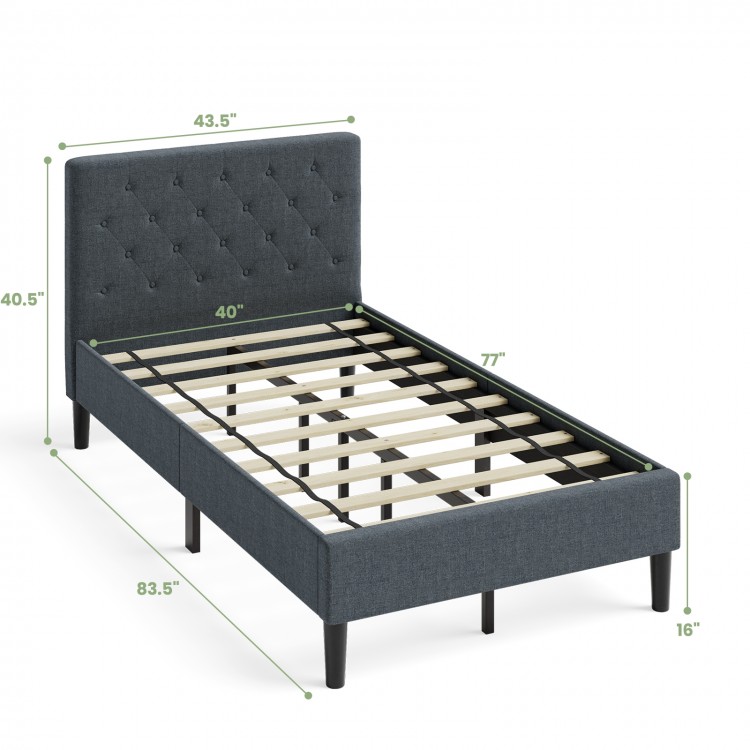 Upholstered bed base with button stitched headboard, solid wood slats, and modern design for stylish bedroom storage.