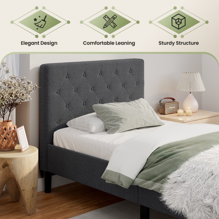 Upholstered bed base with button stitched headboard in gray, featuring a sturdy steel frame and elegant design for.