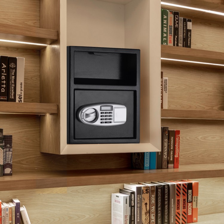 Digital deposit safe box with front drop slot, made of 3 mm thick solid steel, ideal for securing cash and jewelry.