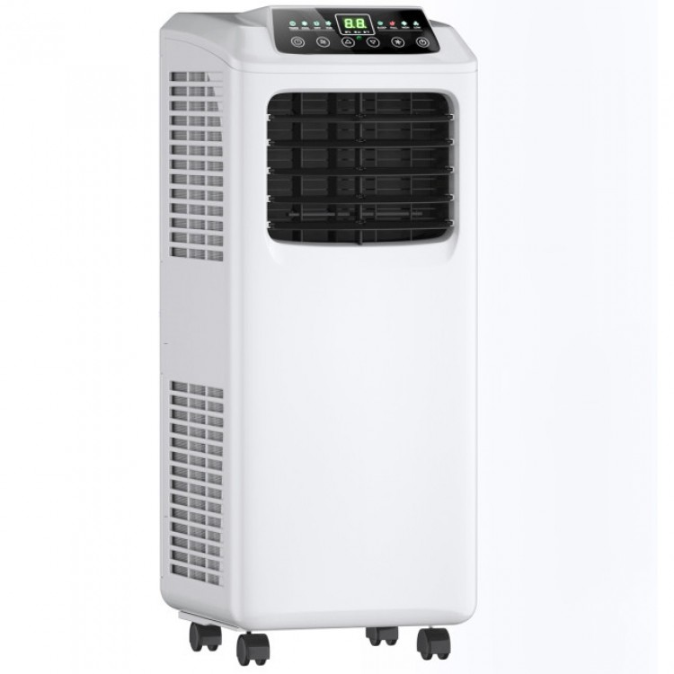9000 BTU portable air conditioner with remote control, designed for rooms up to 250 sq. ft, featuring a digital display.