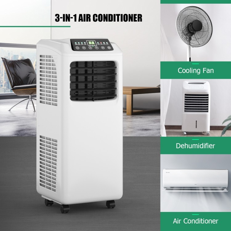 9000 BTU portable air conditioner with remote control, multifunctional modes, and dehumidifier for efficient cooling.