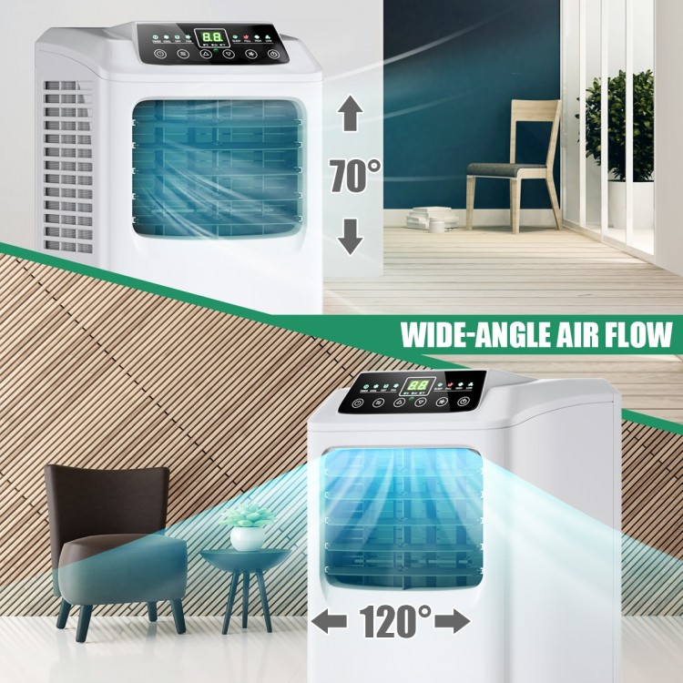 9000 BTU portable air conditioner with remote control, featuring wide-angle air flow and adjustable cooling direction.