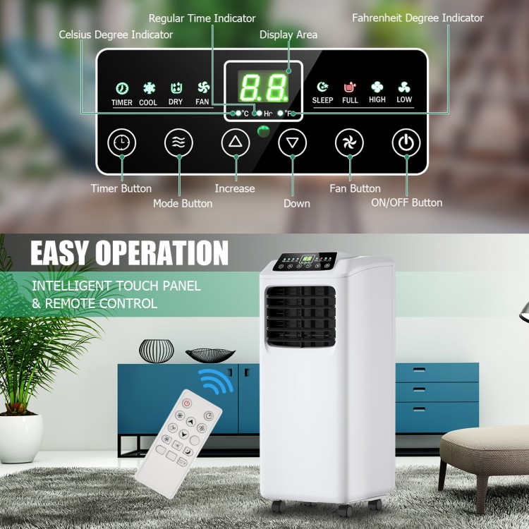 9000 BTU portable air conditioner with remote control and LED display, ideal for cooling rooms up to 250 sq. ft.