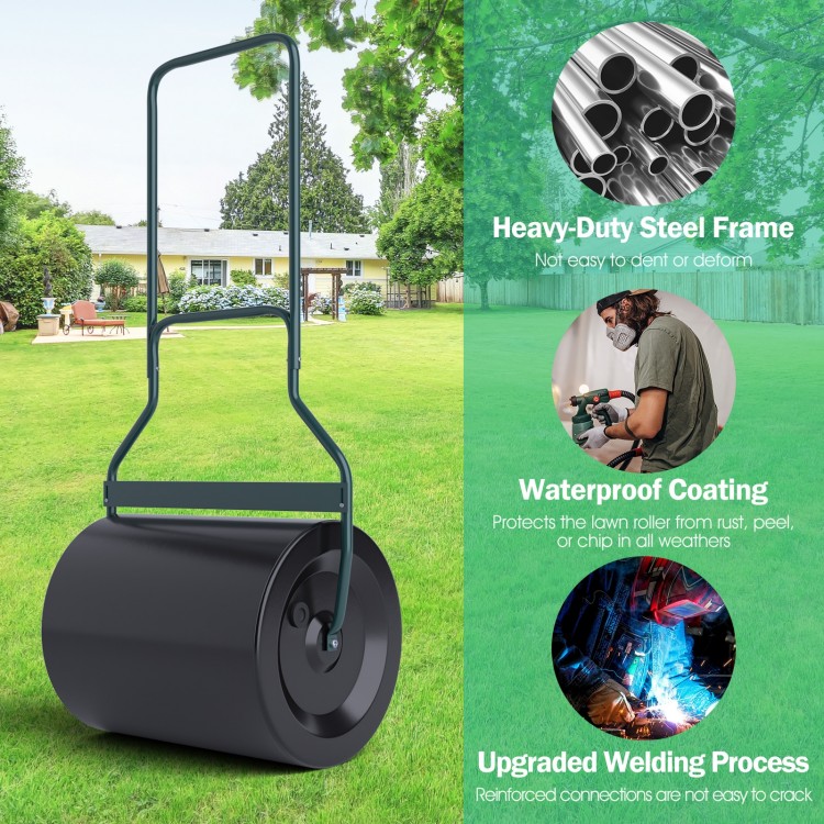 Lawn roller with U-shaped handle, heavy-duty steel frame, 16-gallon capacity, ideal for flattening uneven ground.