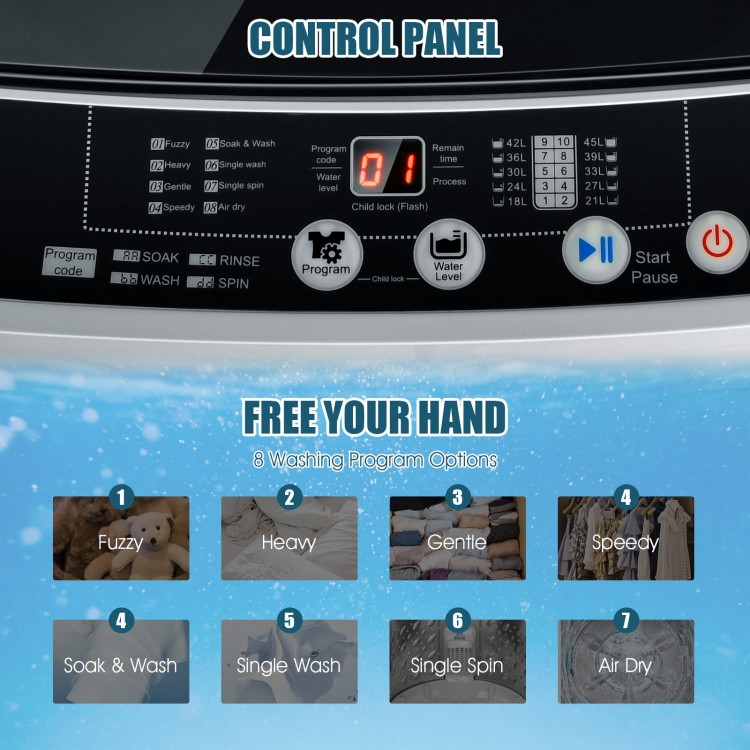 Control panel of the Full-Automatic Washing Machine with 8 washing programs and clear display for easy operation.